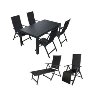 7-teilige Gartensitzgruppe Lex Alu, bestehend aus Tisch, 4 Stühlen, Liegestuhl und Gartenliege.
