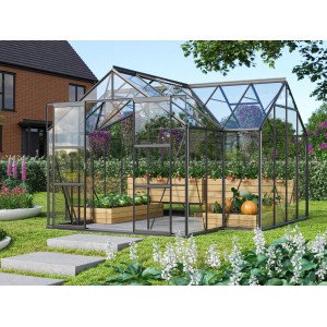 Vitavia Gewächshaus Sirius, 13 m², schwarz, mit Fundament. Elegante Orangerie für Pflanzenzucht im Garten.