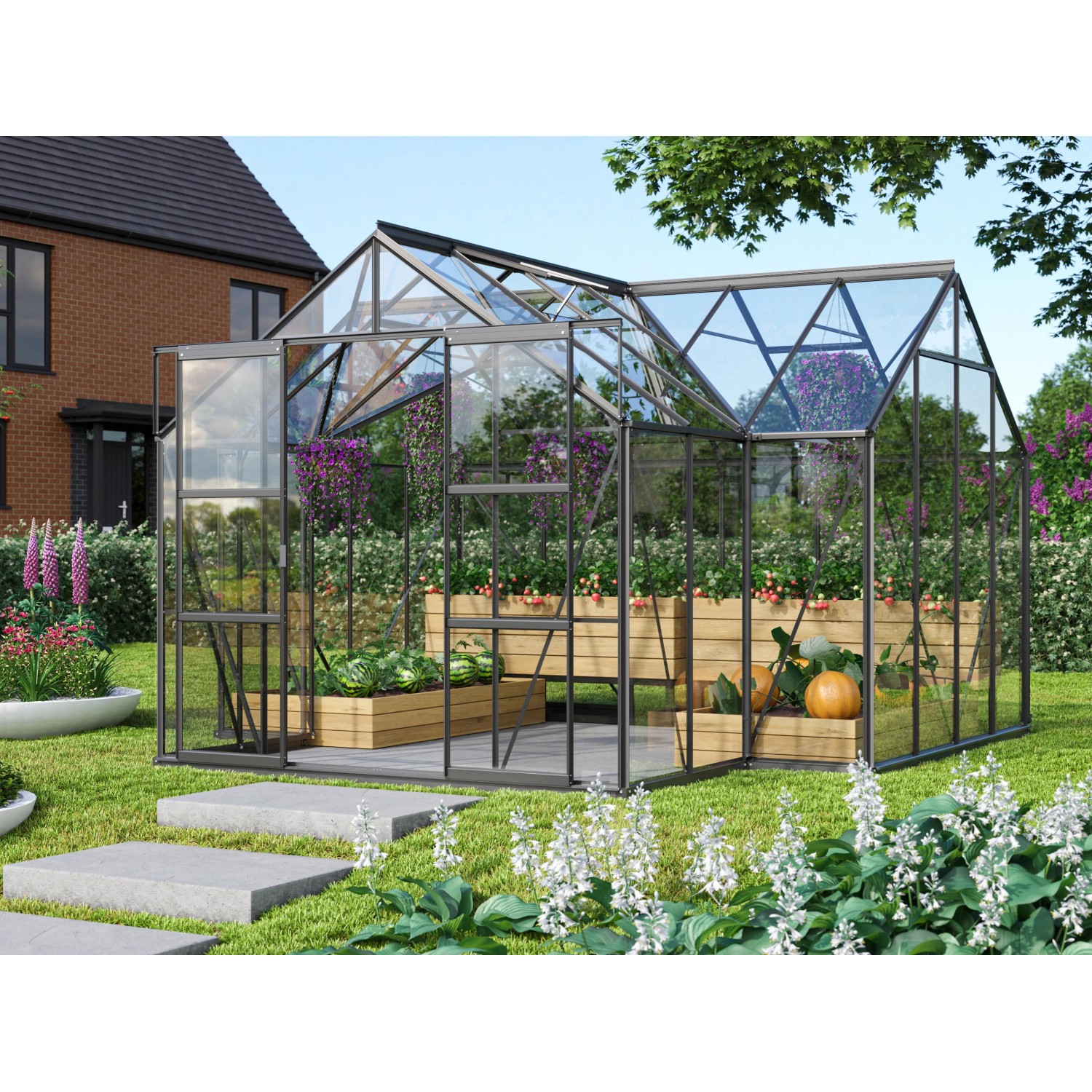 Vitavia Gewächshaus Sirius, 13 m², schwarz, mit Fundament. Elegante Orangerie für Pflanzenzucht im Garten.