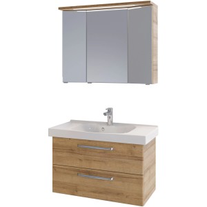 Pelipal Badmöbel-Set Trentino in Riviera Eiche mit Waschbecken, Unterschrank und Spiegelschrank.