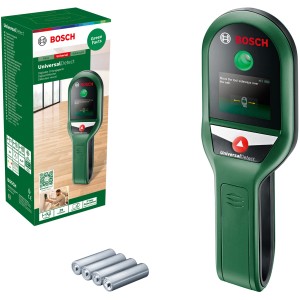 Bosch UniversalDetect Ortungsgerät mit Verpackung und Batterien, geeignet zum Orten von Objekten in Wänden.