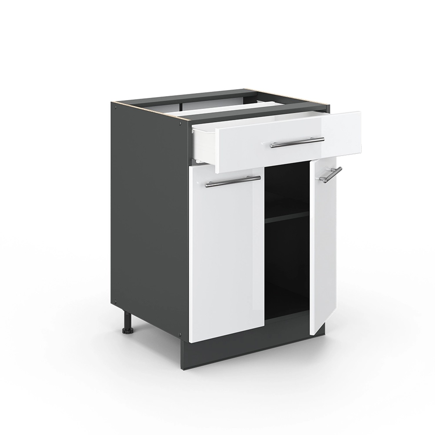 Vicco Küchenunterschrank Fame-Line, 60 cm, Weiß Hochglanz/Anthrazit mit Schublade und Marmor Arbeitsplatte.