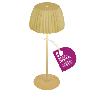 Lindgrüne Brilo Akku-Tischleuchte Riffle mit Touchdimmer, ideal als Nachttischlampe.