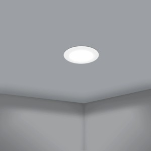 Weiße, runde EGLO LED Einbauleuchte CCT dimmbar, bündig in grauer Decke. Moderner LED-Einbaustrahler.