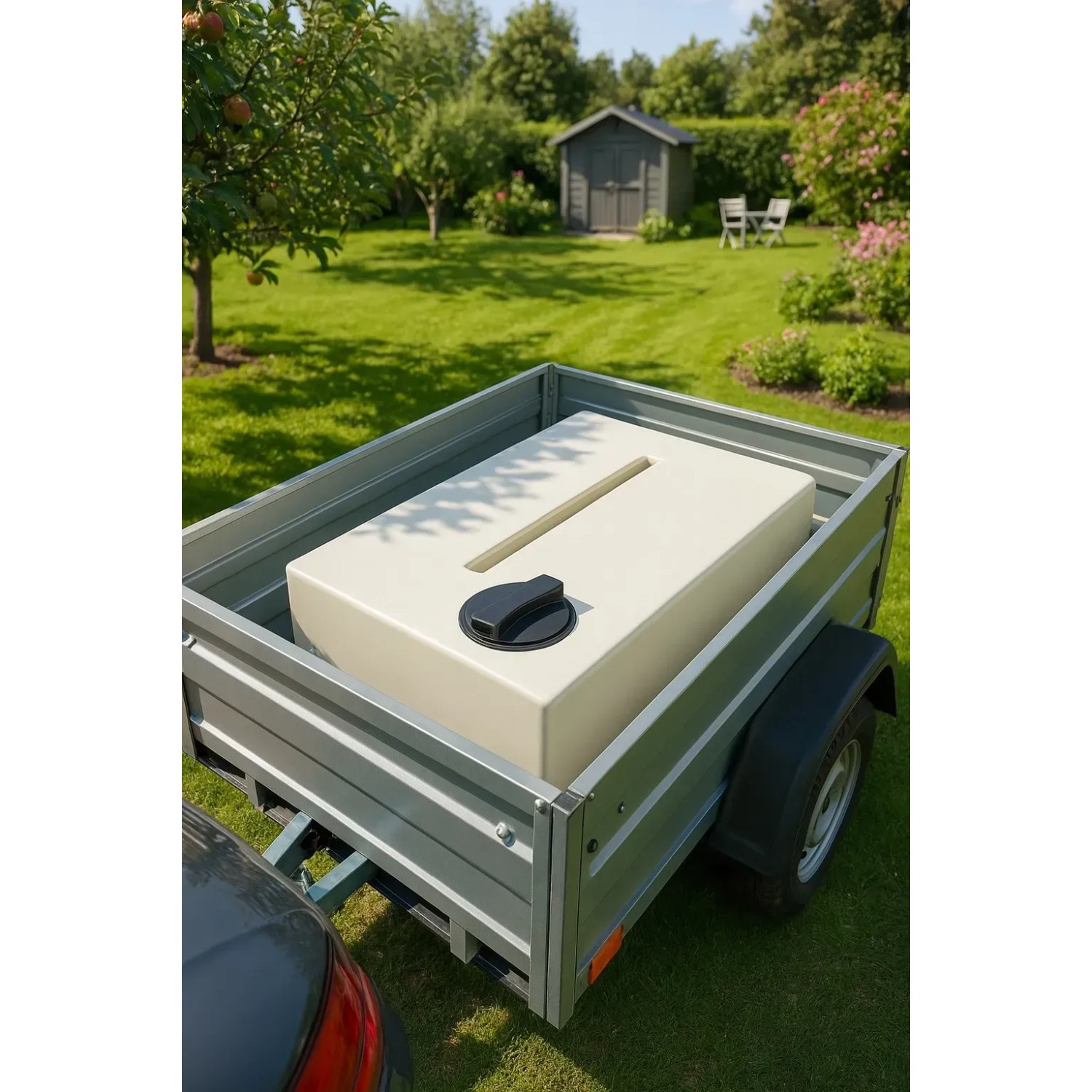 Heller rechteckiger KMND 80L Trinkwasser Wassertank mit schwarzem Deckel im Anhänger im Garten. Für Regentonnen.