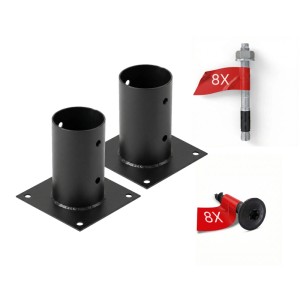 Zwei schwarze HOLLMAX Aufschraubhülsen für 80mm Rundholzpfosten, pulverbeschichtet, mit Schwerlastankern und Schrauben.