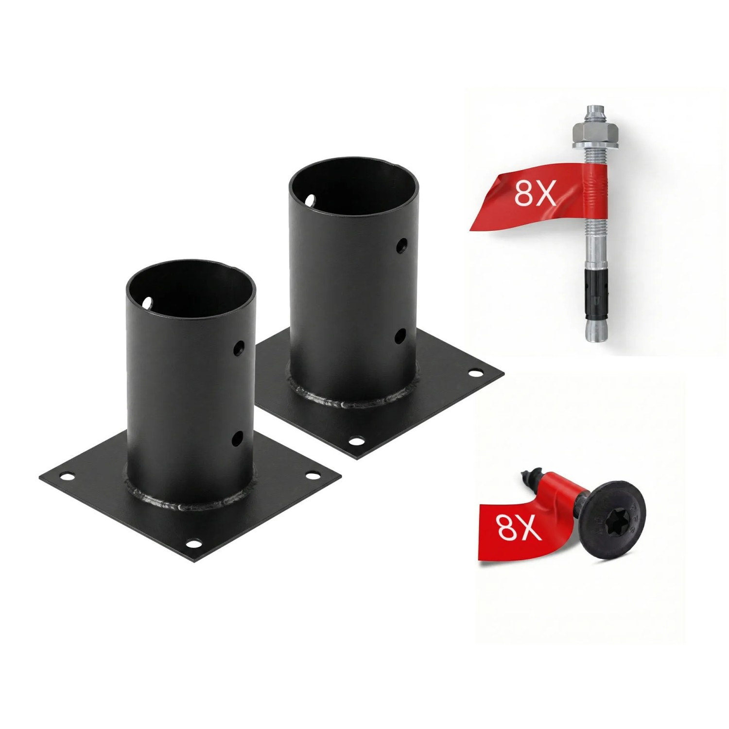 HOLLMAX 2 Stk. Aufschraubhülse/Pfostenträger 80 mm Komplettset Pulverbeschichtet Schwarz für Rundholzpfosten