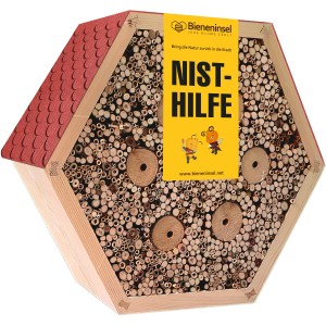 Bieneninsel® Nisthilfe: Insektenhotel aus Holz mit rotem Dach für Bienen und andere Insekten.