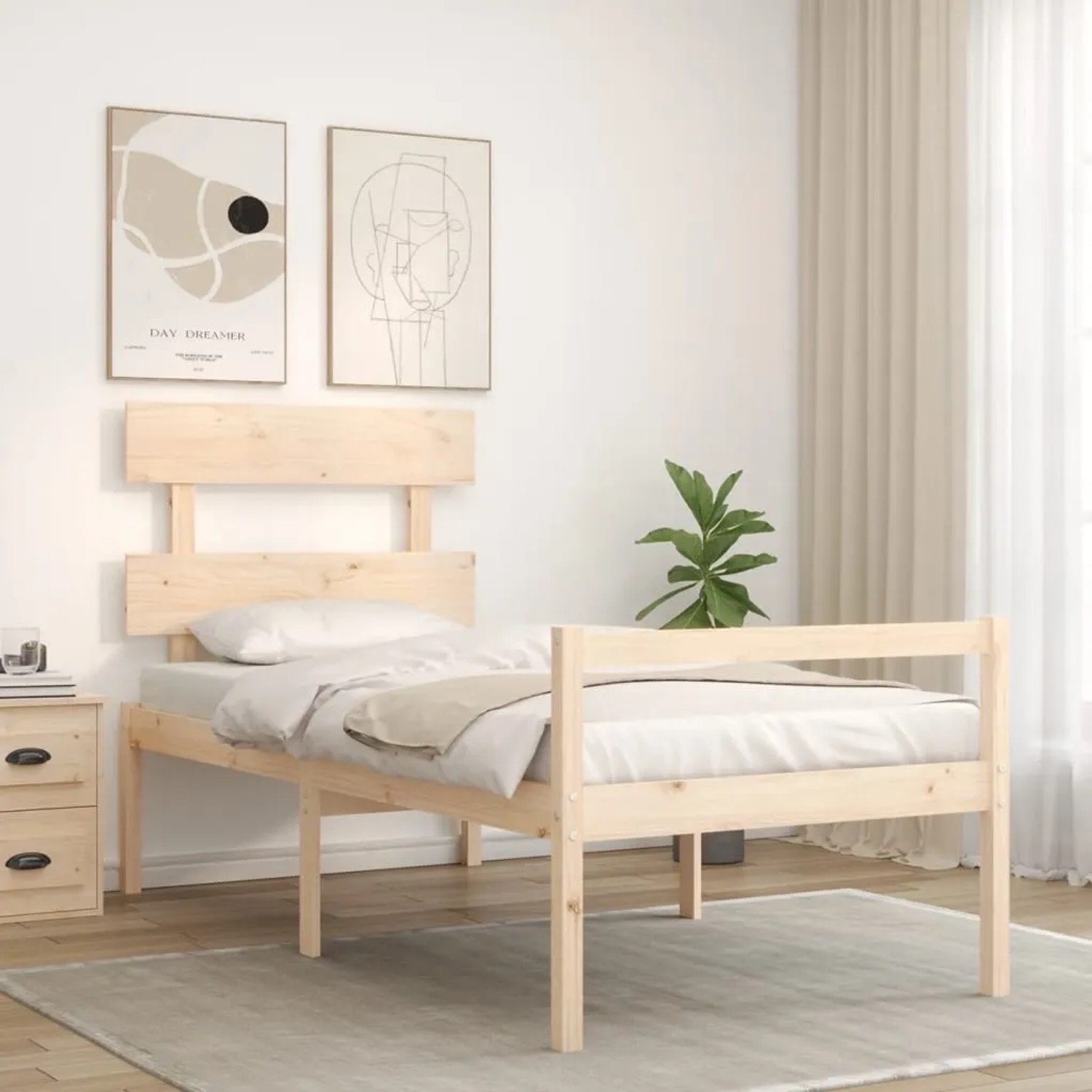 Massivholzbett mit Kopfteil, Kiefernholz, 75x190 cm, im Schlafzimmer.
