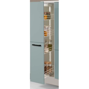 pino Küchenzeile Fjordgrün mit Apothekerschrank, offen mit Vorratsgläsern. Einbauküche.