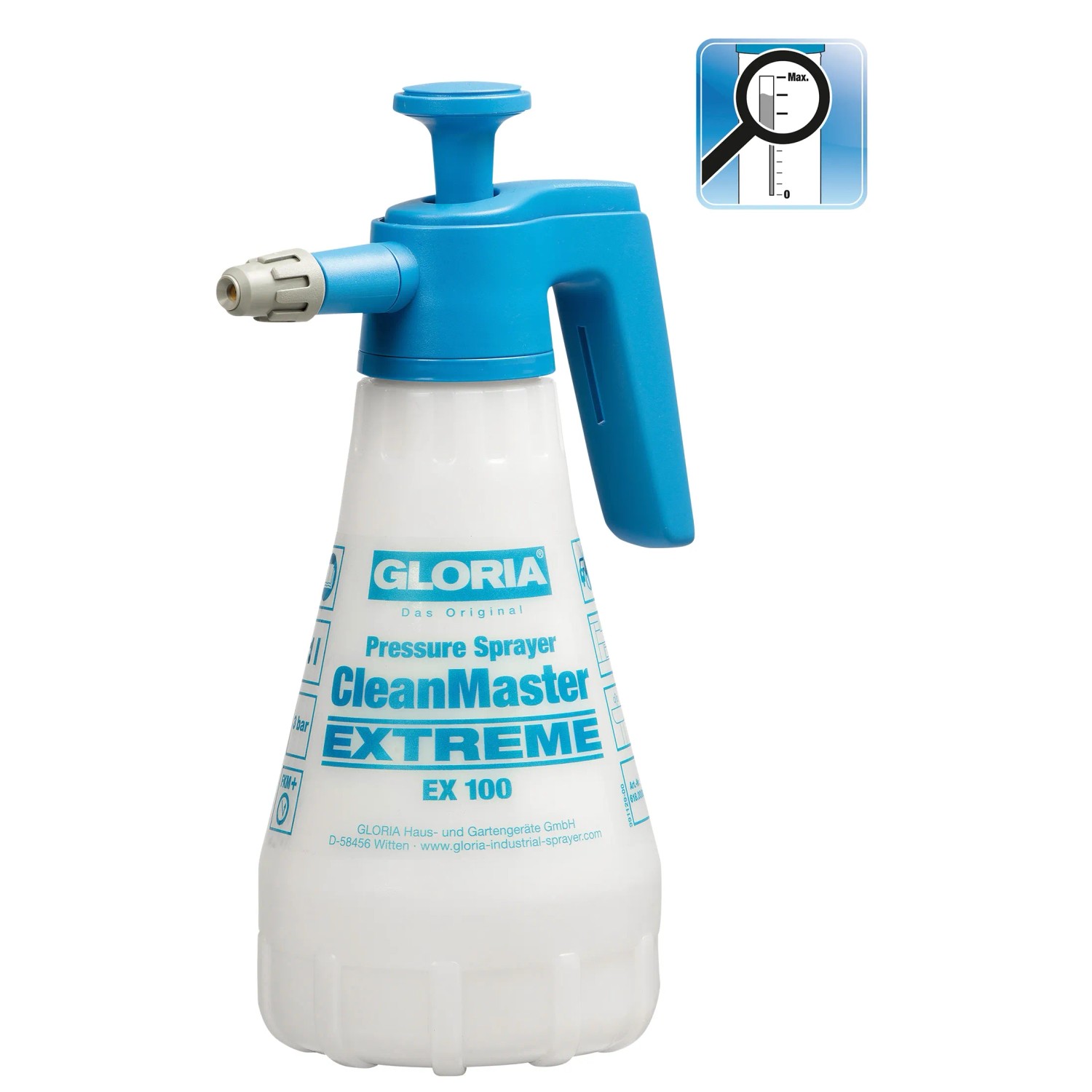 Gloria CleanMaster Extreme EX 100 Drucksprühgerät, ölfest, mit robustem Polyethylen-Behälter und blauem Sprühkopf.