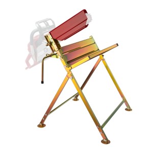 Verzinkter, zusammenklappbarer Sägebock mit rotem Kettensägenhalter für sicheres Holzsägen.