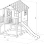 Skizze des Axi Marc Spielhaus: Braun-weißes Holzhaus mit grauer Rutsche, Leiter und Sandkasten.