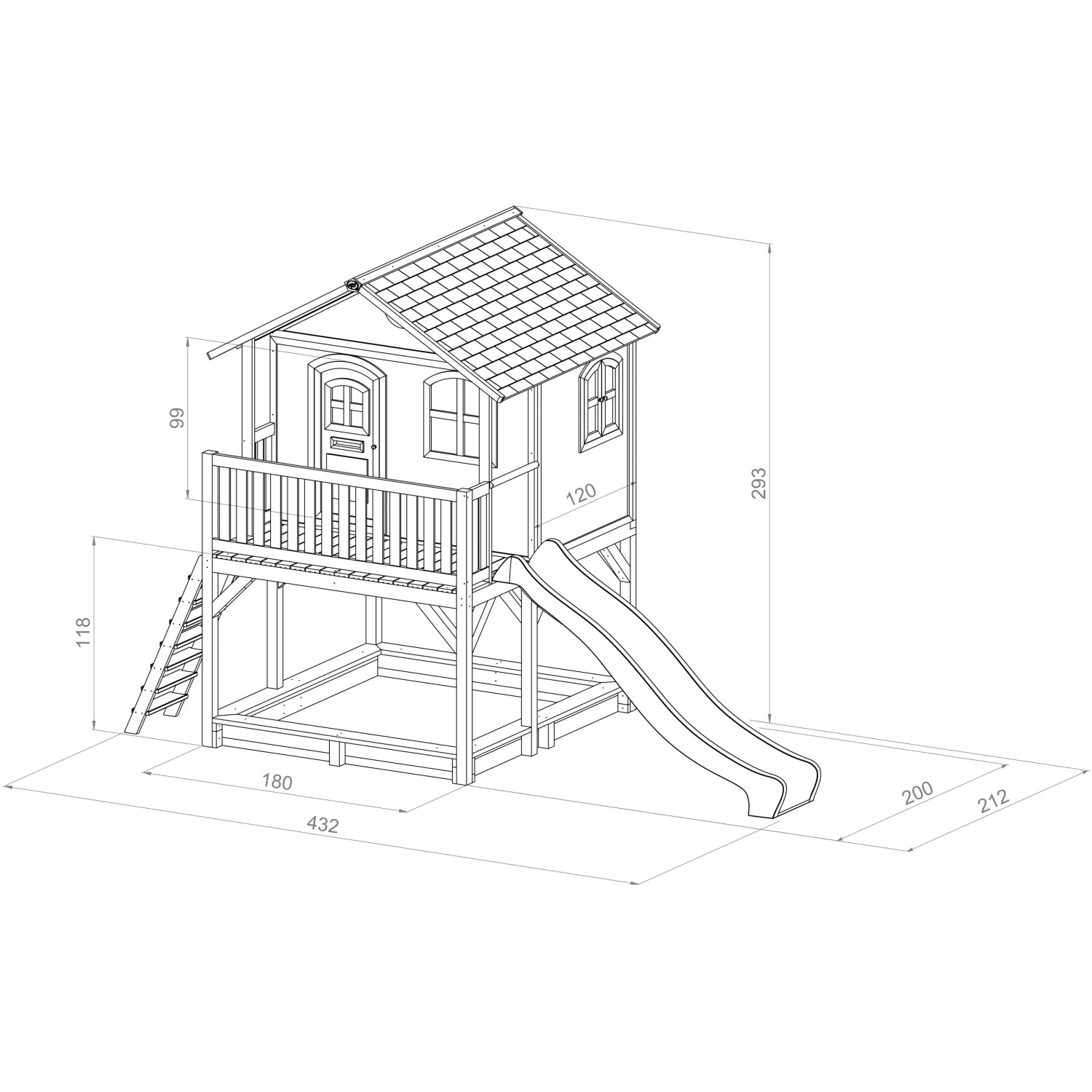 Skizze des Axi Marc Spielhaus: Braun-weißes Holzhaus mit grauer Rutsche, Leiter und Sandkasten.