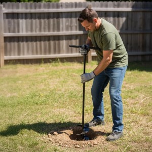 Mann nutzt schwarzen Relaxdays Erdbohrer aus Stahl mit rutschfestem T-Griff zur Bodenbearbeitung im Garten.