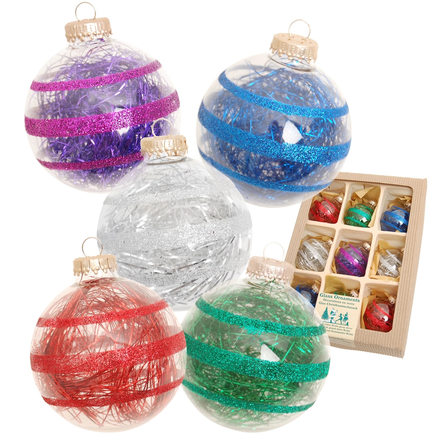 Krebs Glas Lauscha Weihnachtskugeln Glitterstreifen mit Tinsel Mehrfarbig 7cm