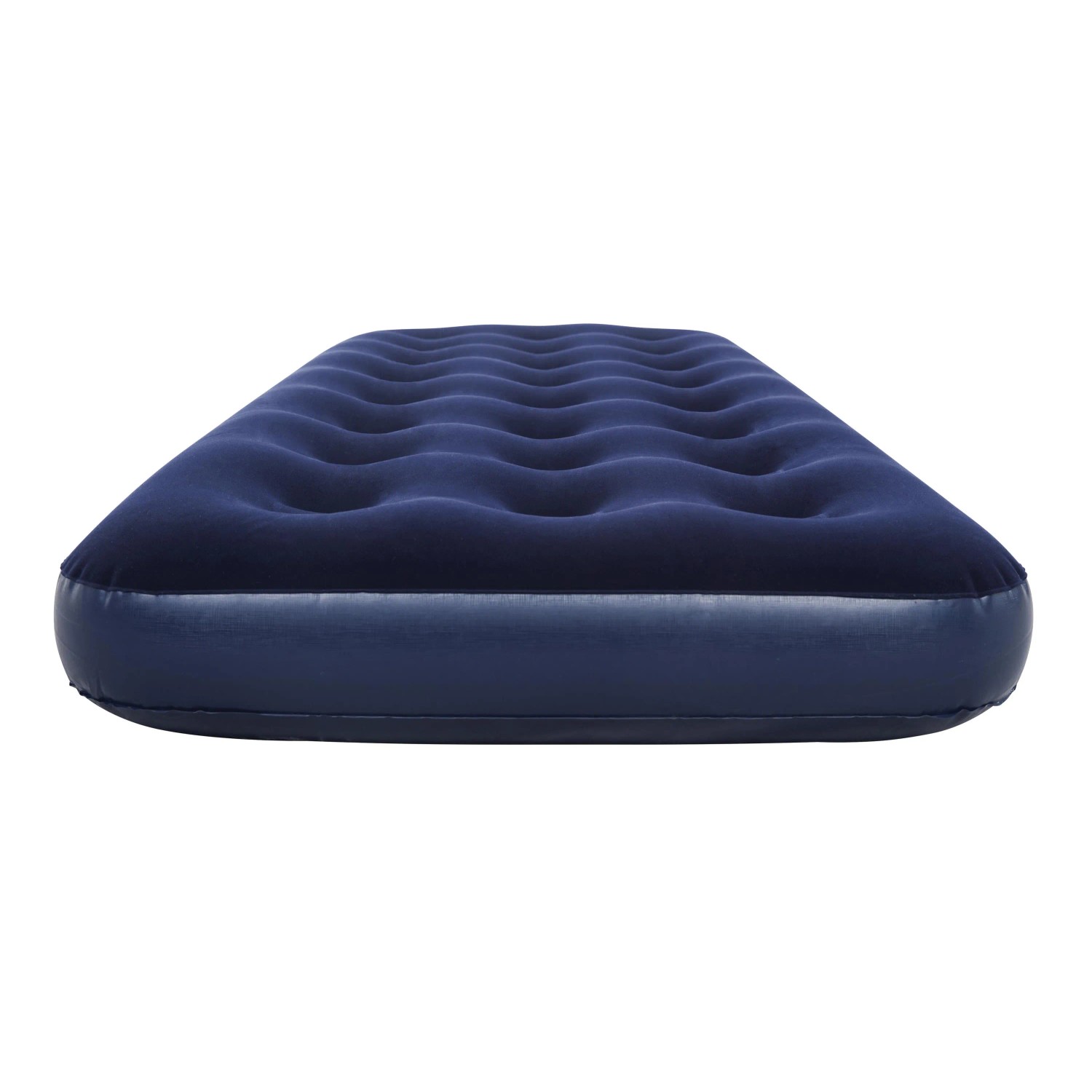 Aufgepumptes, blaues Single-Luftbett (185x76x22 cm) für Camping oder Gästezimmer.