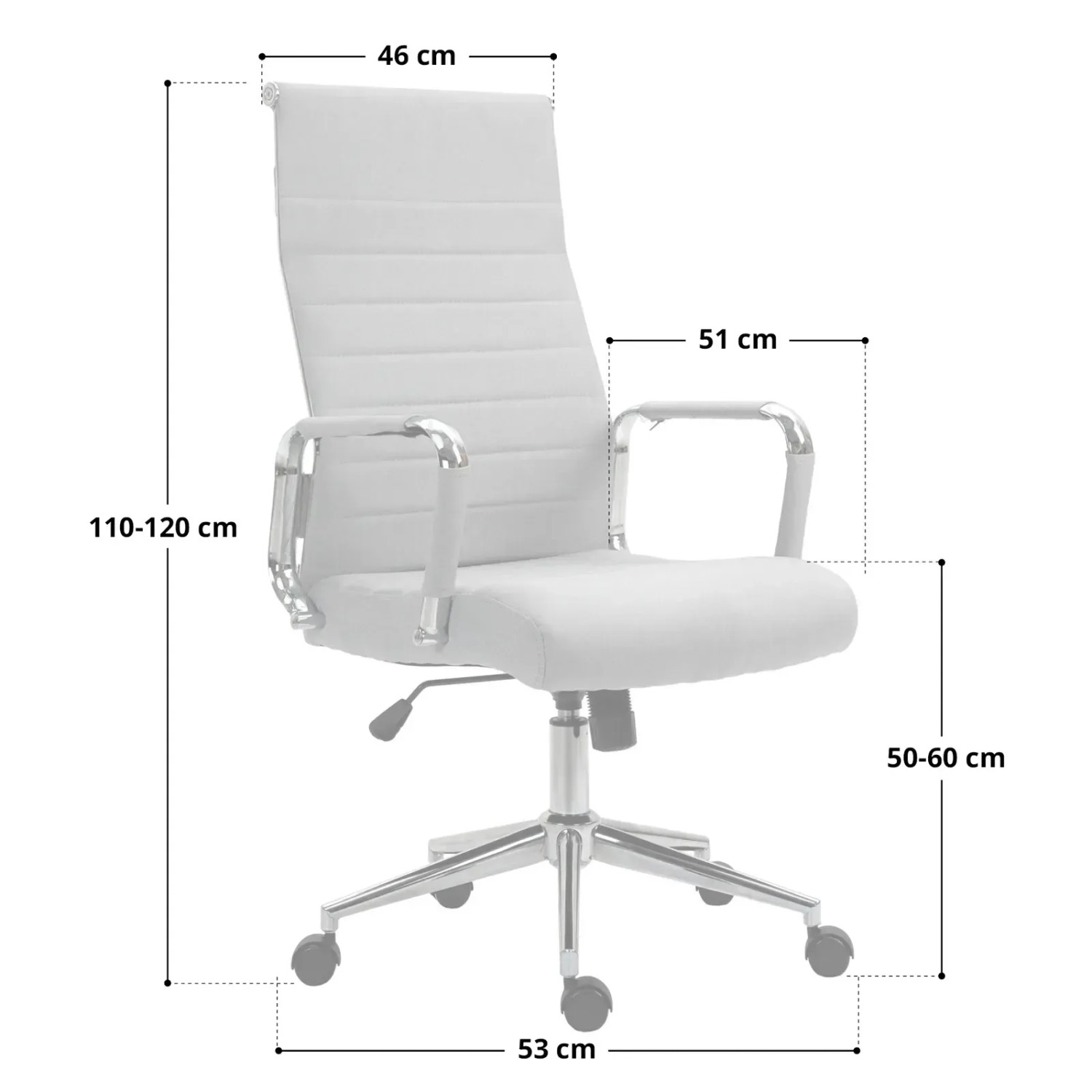Svita Office Comfort Bürostuhl, hellgrauer Drehstuhl mit hoher Rückenlehne und Maßangaben.