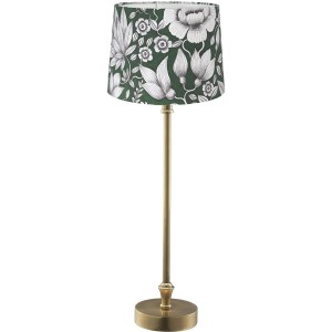 Schmale PR Home Tischlampe Liam mit grünem Textilschirm und Blumenmuster, Messingfuß.