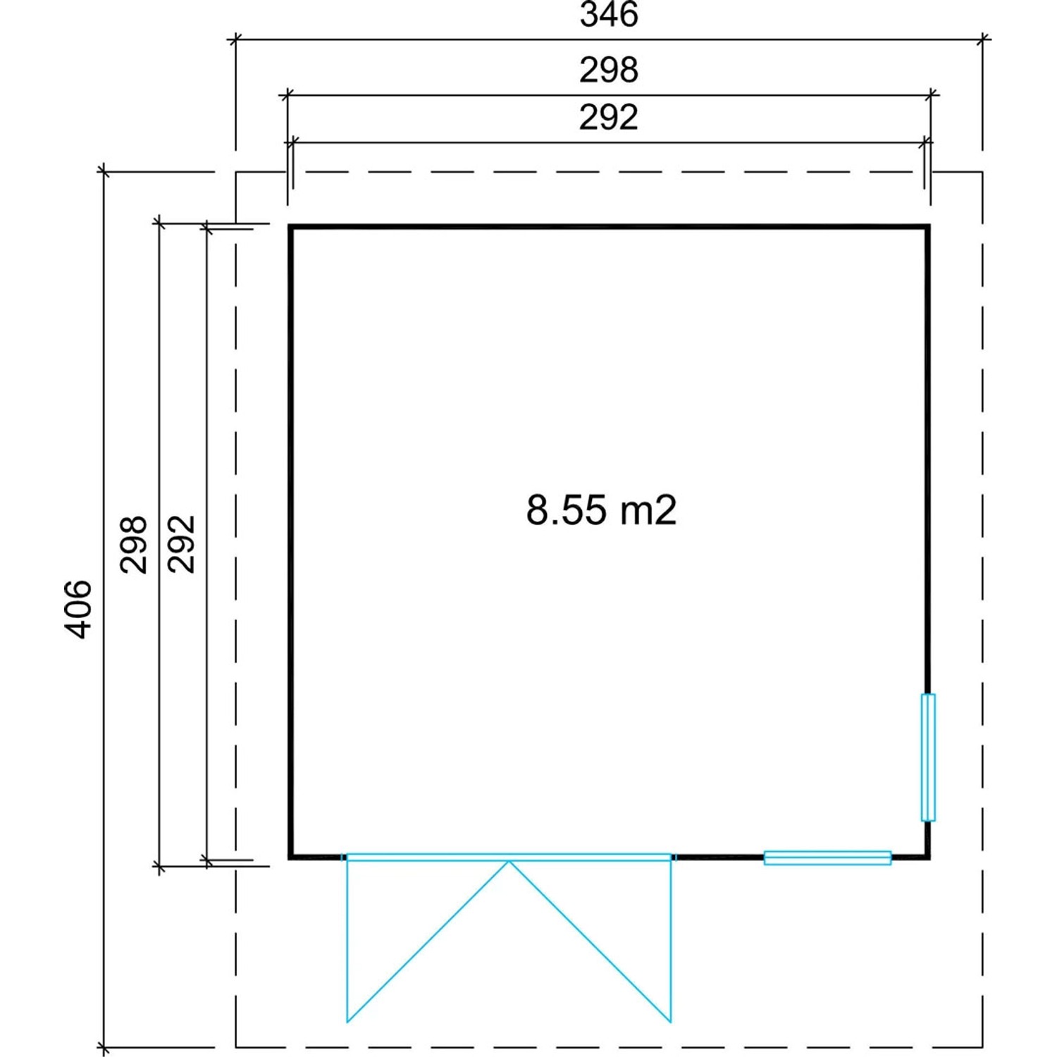 Grundriss Gartenhaus Aldo-28: 256x406 cm, Flachdach, unbehandeltes Holz. Ideal für Ihren Garten.
