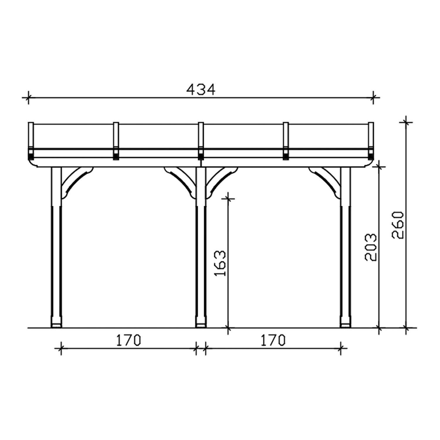 Technische Zeichnung: Skan Holz Terrassenüberdachung Rimini, Maße 434x250 cm, Douglasie, unbehandelt.