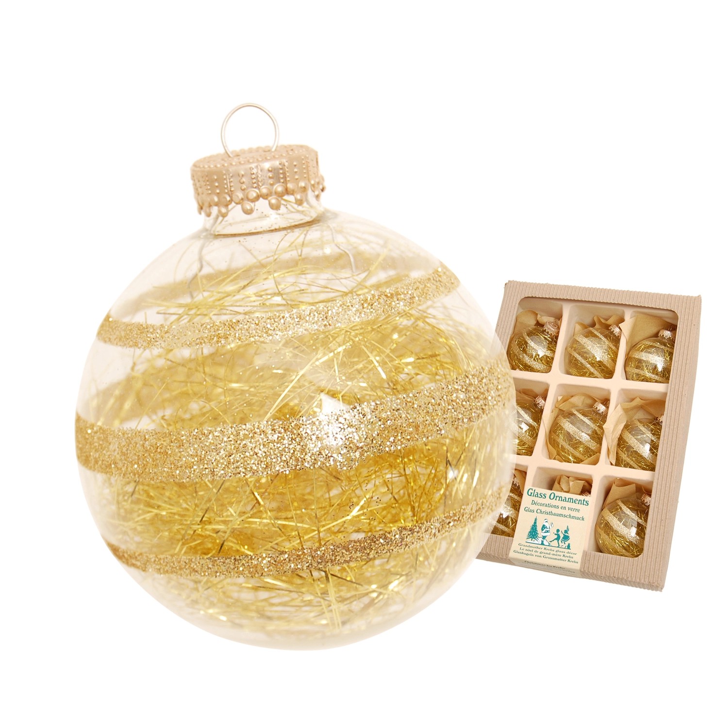 Krebs Glas Lauscha Weihnachtskugeln Glitterstreifen mit Tinsel Goldfarbig 7cm