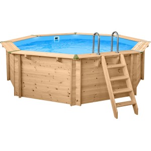 Holzpool Set Java, ø 4,40 m, H 1,36 m mit Leiter und blauem Wasser.