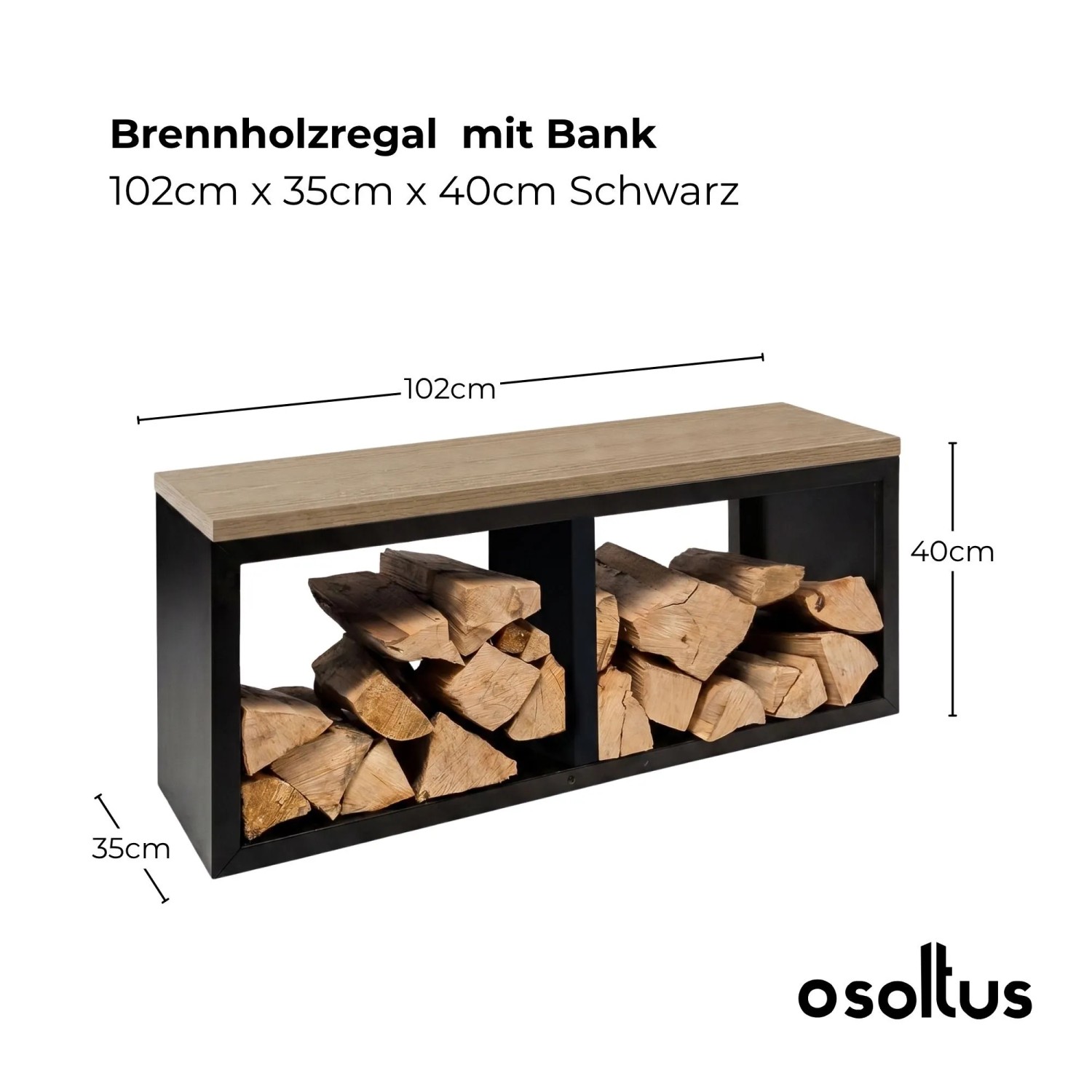 osoltus Brennholzregal mit Bank, schwarz, 102x35x40cm. Metallrahmen, Holzoptik-Sitzfläche, gefüllt mit Kaminholz.