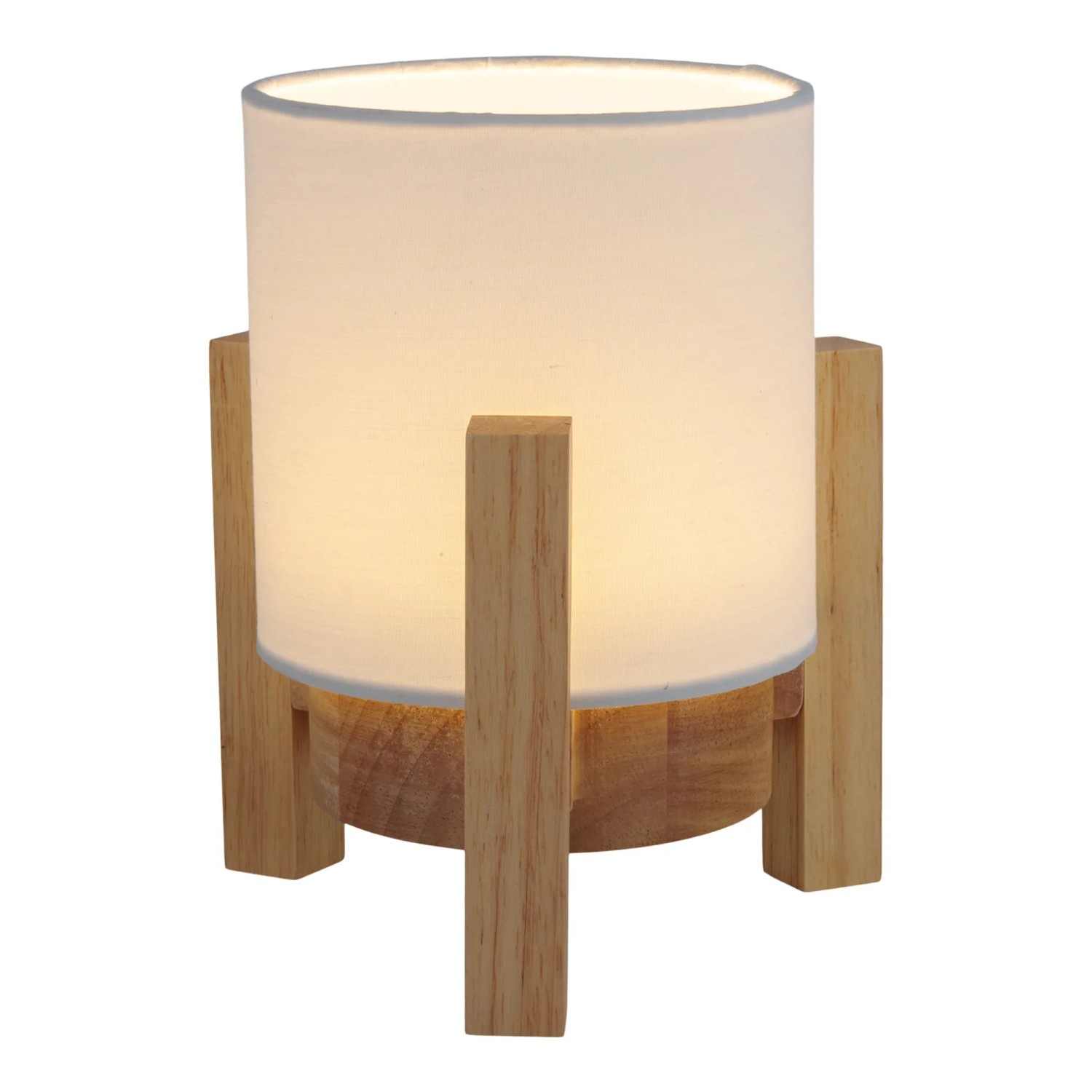 Näve LED-Tischleuchte Madita mit Holzfuß und weißem Textilschirm.