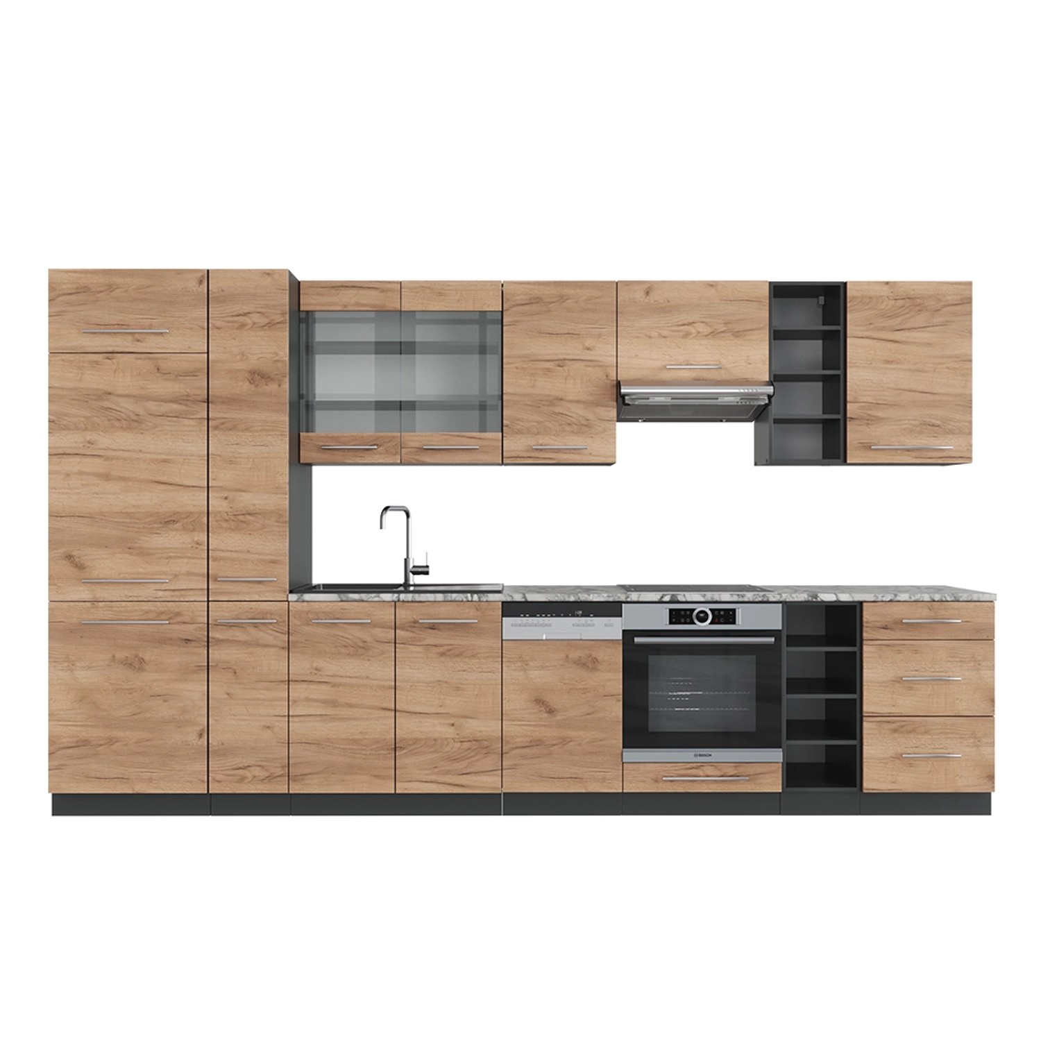 Vicco Fame-Line Küchenzeile Goldkraft Eiche/Anthrazit 355 cm AP Marmor günstig online kaufen