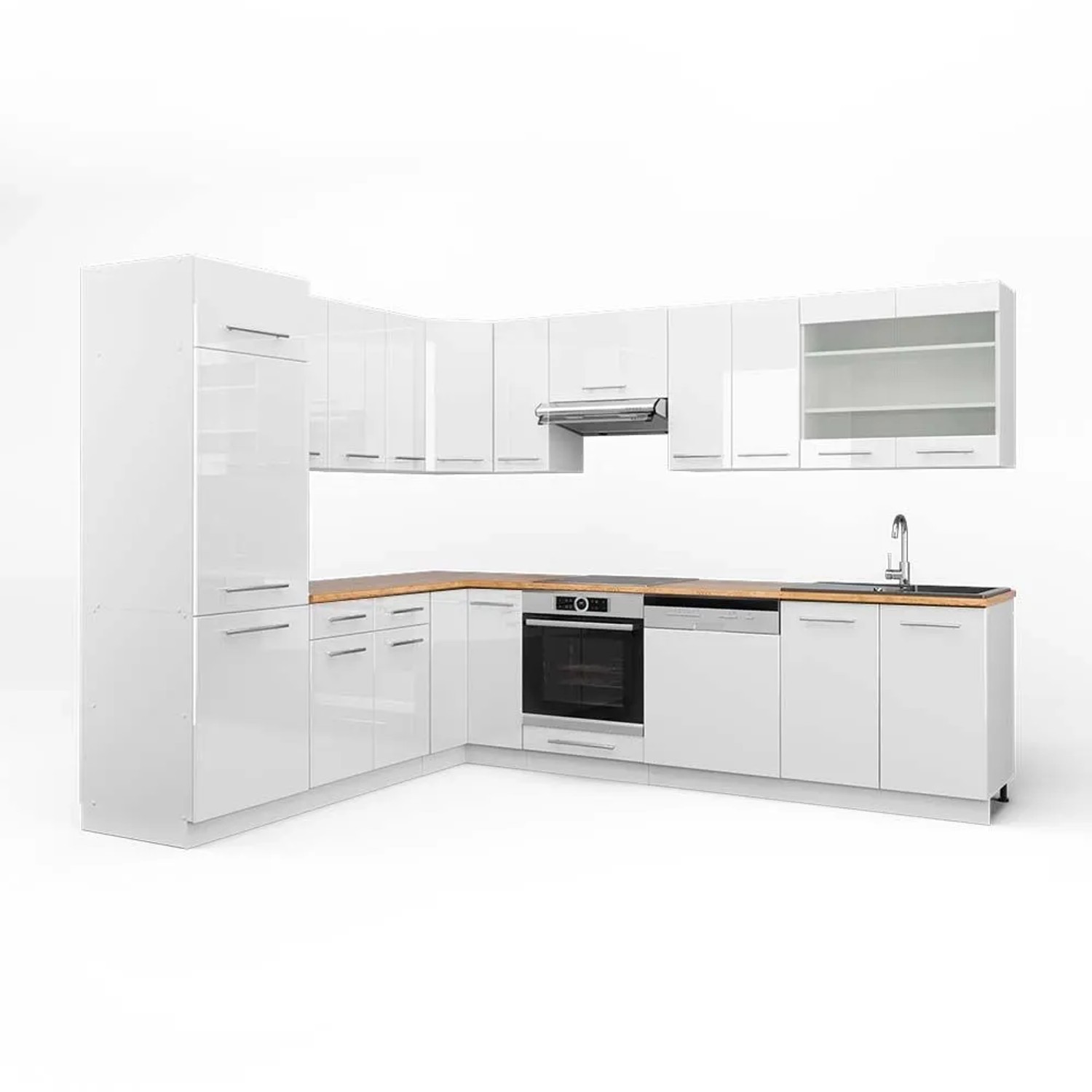 Vicco Eckküche Fame-Line Weiß Hochglanz/Weiß 287 x 82, AP Eiche