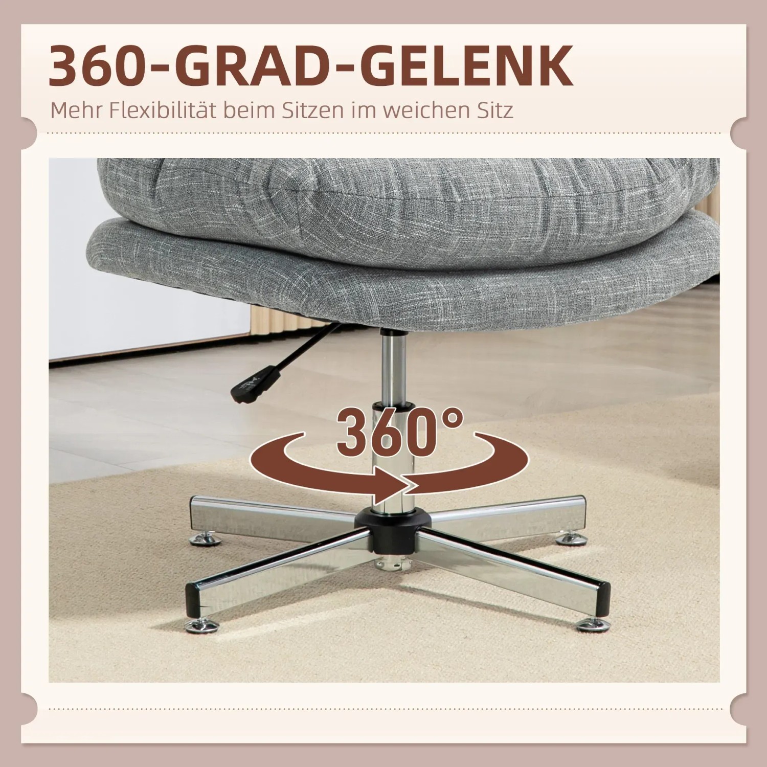 Detailansicht des grauen HOMCOM Bürostuhls mit 360-Grad-Drehfunktion.