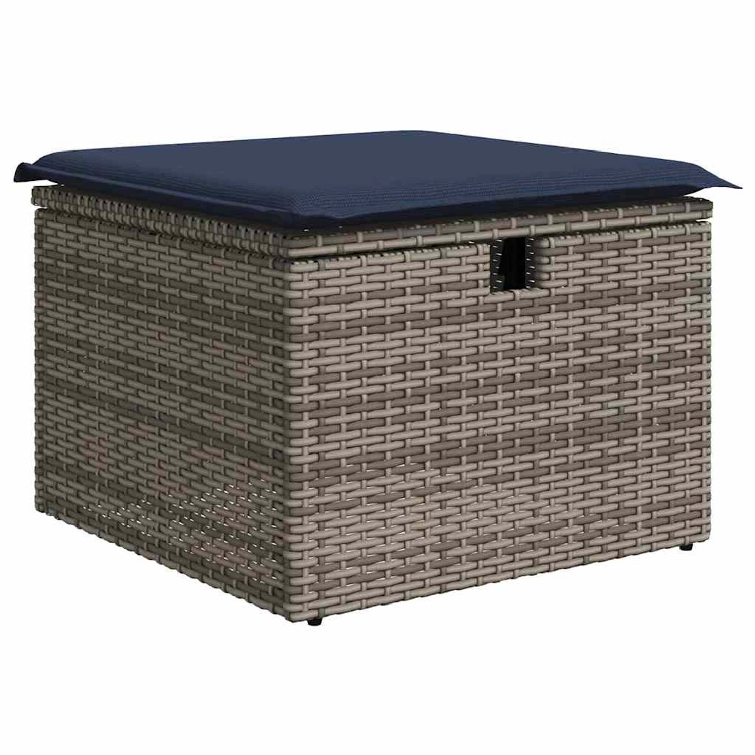 Grauer vidaXL Gartenmöbel-Fußhocker aus Rattan mit blauem Kissen und Stauraum.