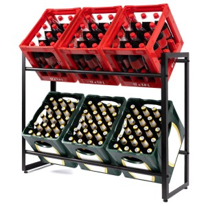 KARAT Flaschenkastenständer Kenji mit roten und grünen Getränkekisten im Lagerregal.