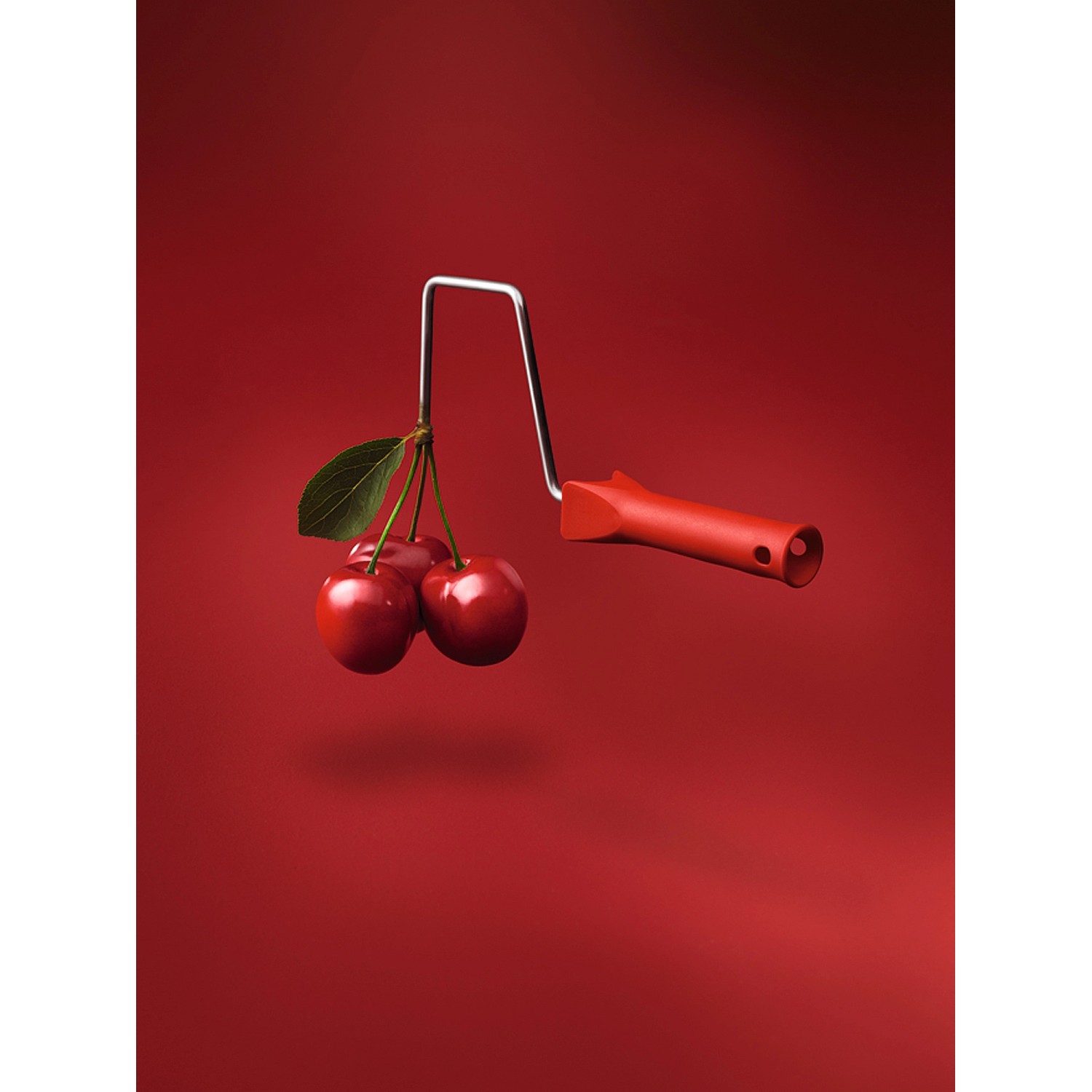 Schöner Wohnen Trendfarbe Amarena: Farbtöne mit Kirschen und Farbroller auf rotem Grund.