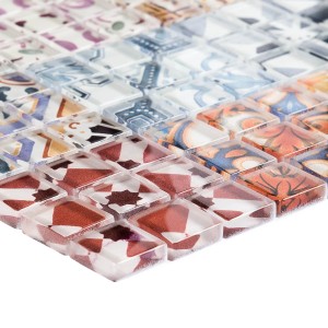 Mosaik Glas Retro Mix, 30x30 cm: Detailansicht der quadratischen Mosaikfliesen mit verschiedenen Mustern.