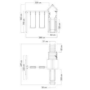 Draufsicht Wickey MultiFlyer Spielturm mit Holzdach, Klettergerüst und Rutsche mit Maßen.