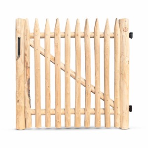 Stiltreu Gezapftes Staketenzaun-Tor aus Edelkastanie, 100x175 cm, mit schwarzem Beschlag.