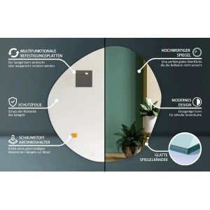 Unförmiger Tulup Wandspiegel mit Montageplatten, Abstandshaltern und klarer, verzerrungsfreier Reflexion. Modernes Design für Schlafzimmer.