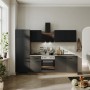 Moderne Flex-Well Küchenzeile Capri, 270 cm, Schwarz Matt und Endgrain Oak Dekor mit E-Geräten.