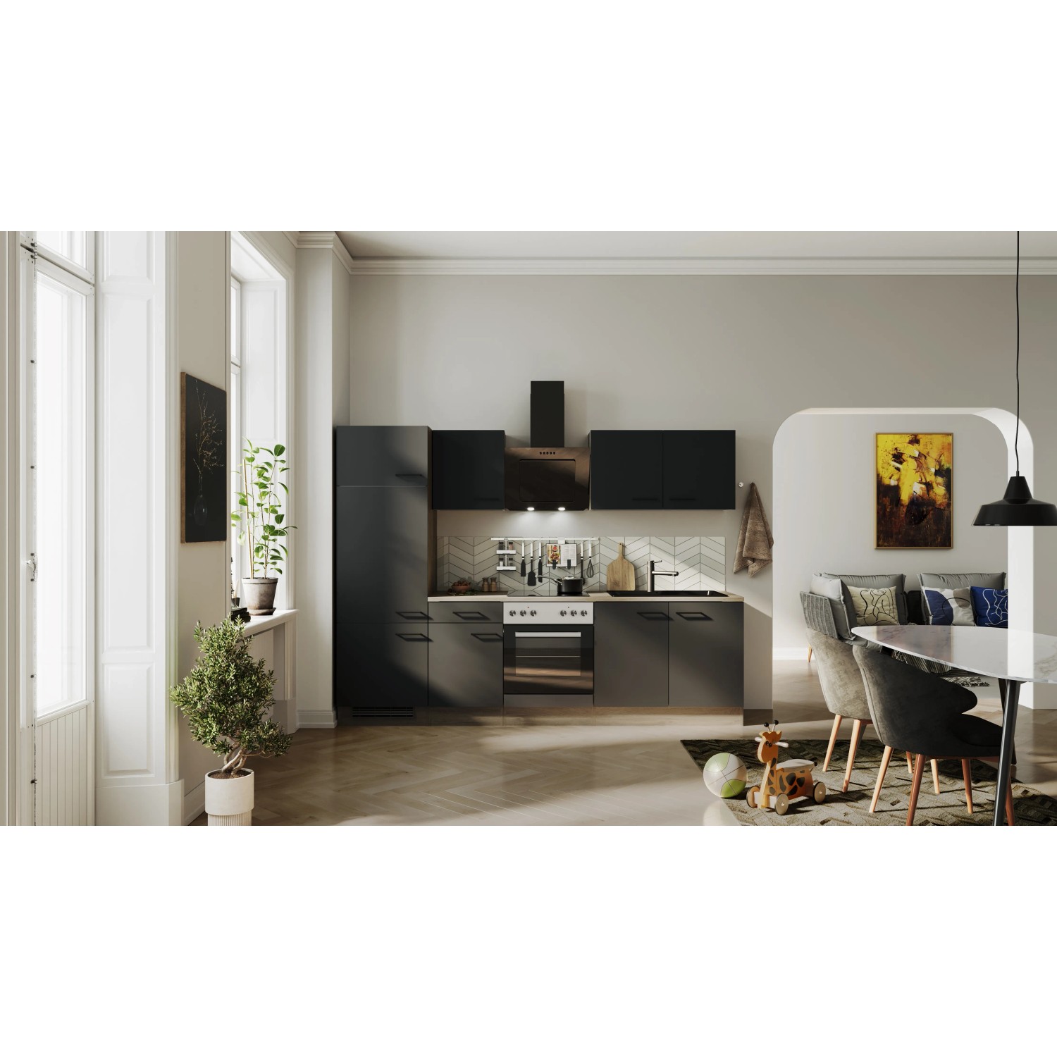 Moderne Flex-Well Küchenzeile Capri, 270 cm, Schwarz Matt und Endgrain Oak Dekor mit E-Geräten.