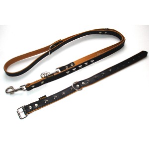 Schwarze Heim Hunde-Vorführleine aus Leder mit Stern-Applikationen, 200 cm lang.