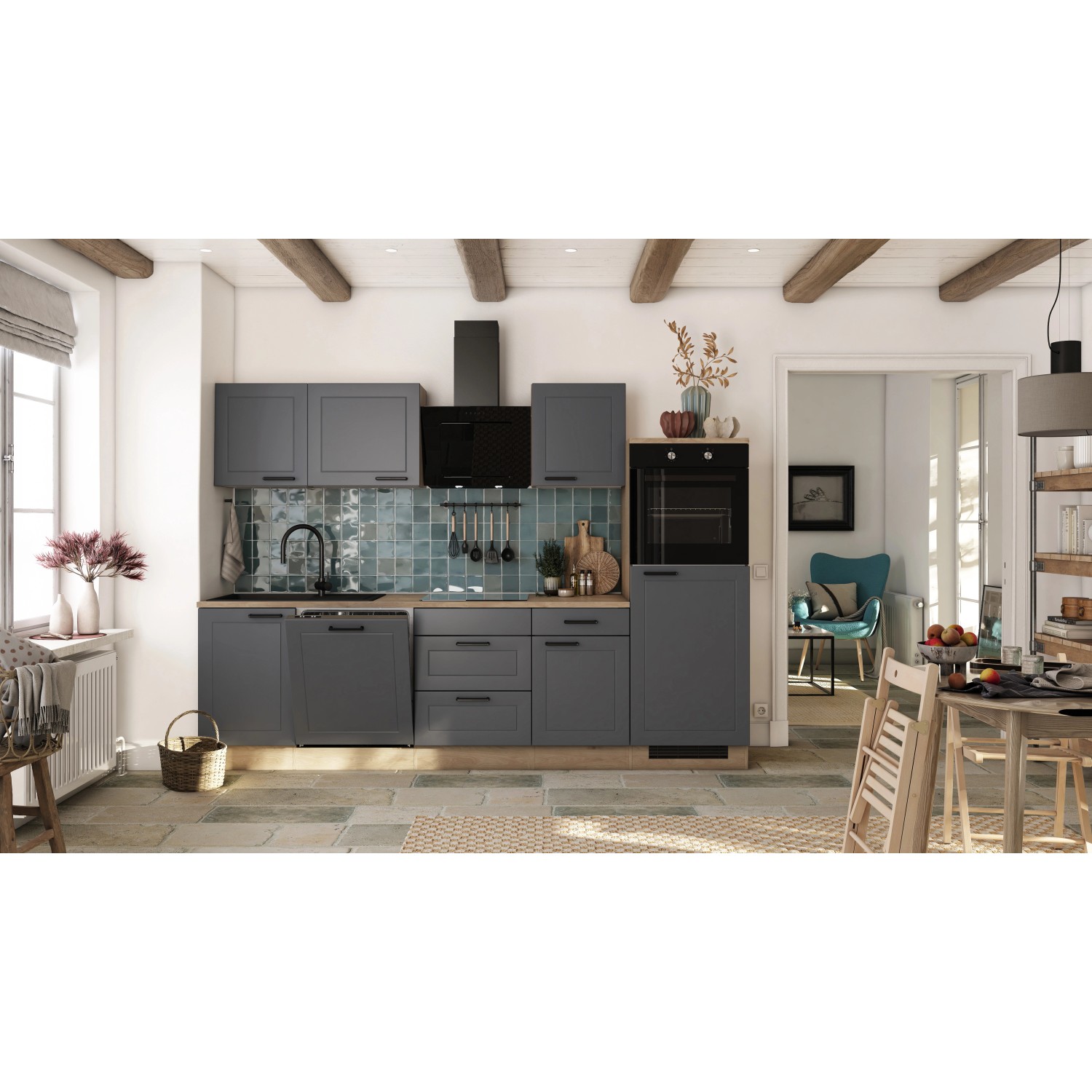 Flex-Well Exclusiv Küche 2327-000 Romeo 280 cm Anthrazit matt-Cosmopolitan Eiche