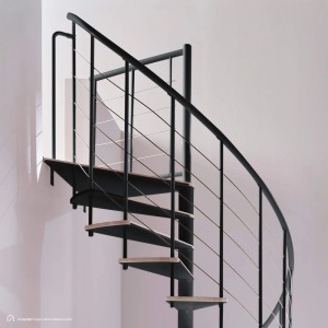 Moderne Intercon Select Wendeltreppe mit 13 Buche Weiß Stufen und Lava-Anthrazit Metallgeländer, 140 cm Durchmesser.