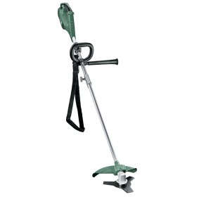 Grüner Bosch Elektro-Rasentrimmer AFS 23-37 mit silbernem Schaft, schwarzem Griff und 3-Flügel-Messer für Rasenpflege.