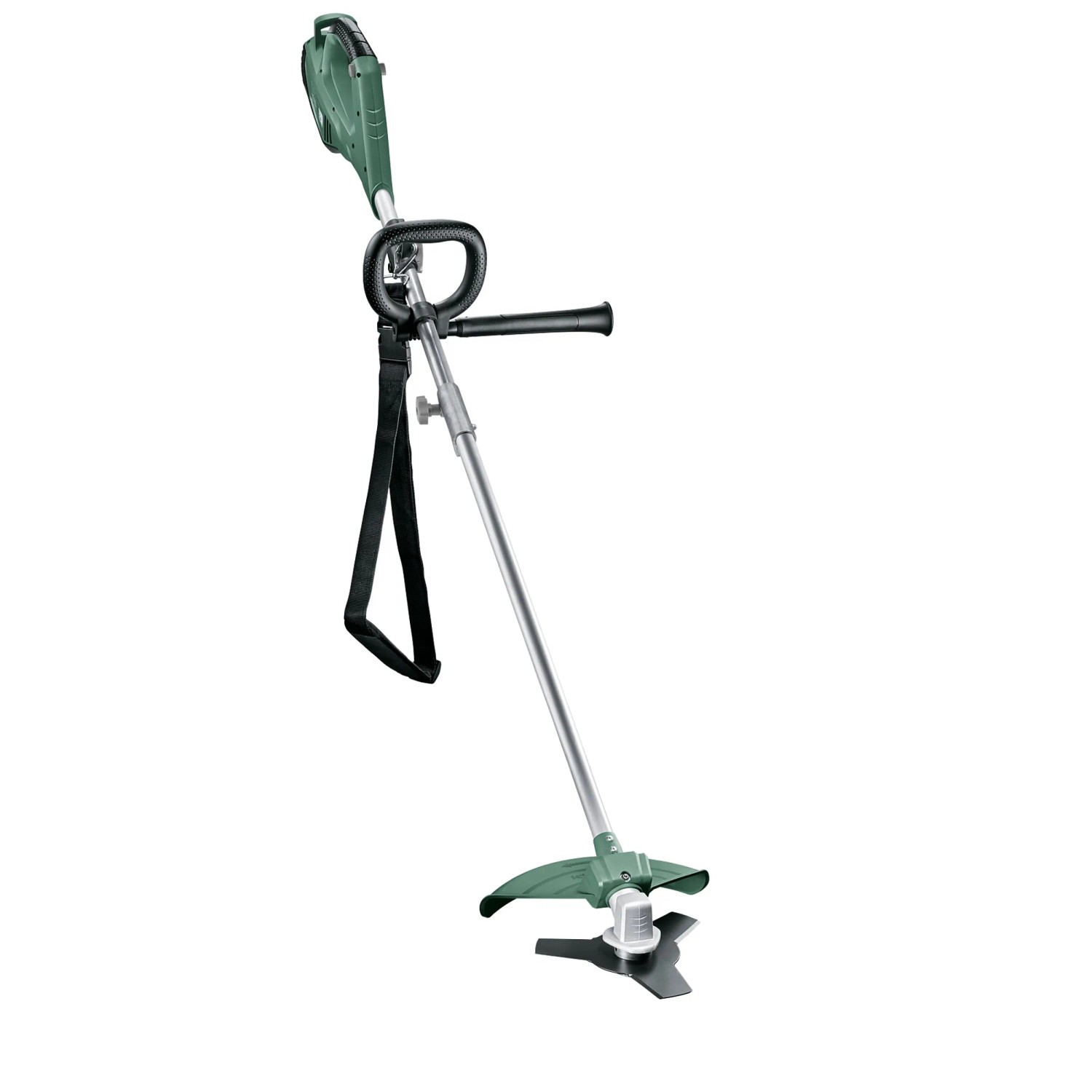 Grüner Bosch Elektro-Rasentrimmer AFS 23-37 mit silbernem Schaft, schwarzem Griff und 3-Flügel-Messer für Rasenpflege.