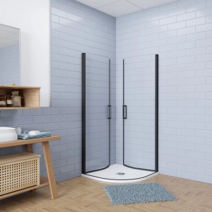 Schwarze Viertelkreis Dusche 90x90cm mit Drehtür, ESG Sicherheitsglas und weißer Duschwanne im modernen Bad.