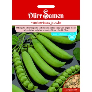 Dürr Samen Markerbsen Jumbo: Saatgut-Packung mit grünen Erbsenhülsen.