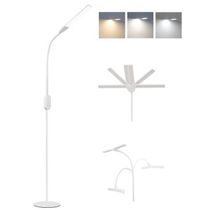 Weiße, moderne LED-Stehlampe mit flexiblem Schwanenhals, dimmbar und einstellbarer Farbtemperatur für Wohnzimmer.