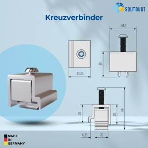 SolMount Kreuzverbinder aus Aluminium für die Verbindung von Montageschienen in Solaranlagen.